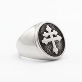 Cross of Lorraine men’s signet ring in stainless steel, angled view of the double-barred cross on a white background.