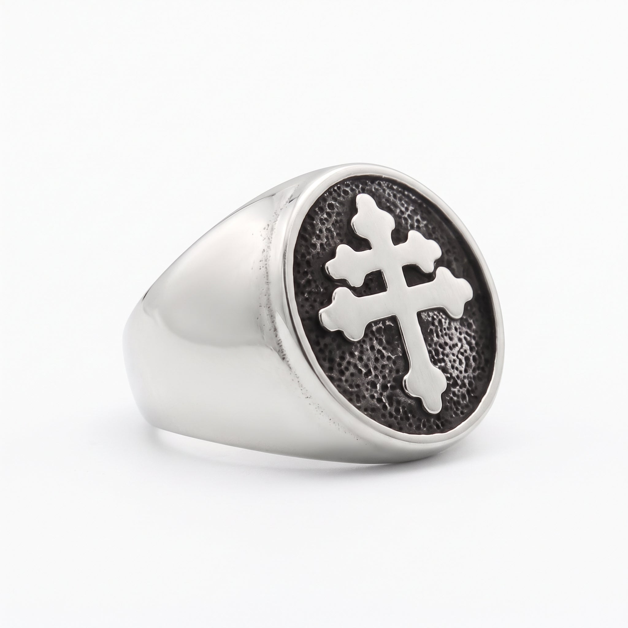 Cross of Lorraine men’s signet ring in stainless steel, angled view of the double-barred cross on a white background.