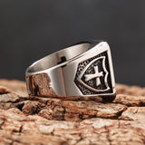 Side view of the men’s Jerusalem Cross ring, showing the crusader shield and cross engraving on the polished band