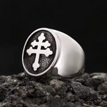 Stainless steel Cross of Lorraine signet ring for men, side angle showing the polished band and raised cross