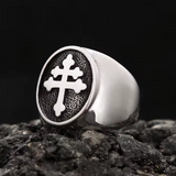 Stainless steel Cross of Lorraine signet ring for men, side angle showing the polished band and raised cross