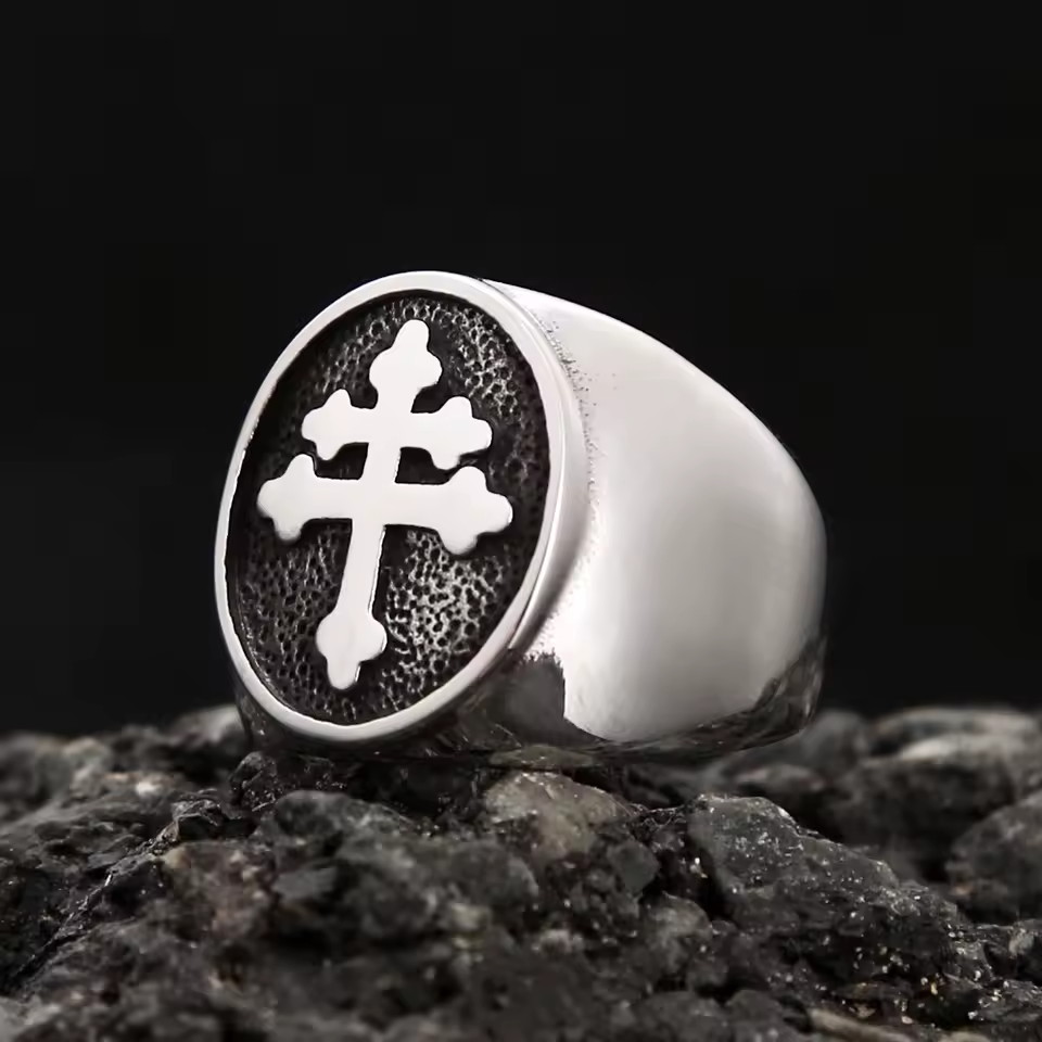 Stainless steel Cross of Lorraine signet ring for men, side angle showing the polished band and raised cross