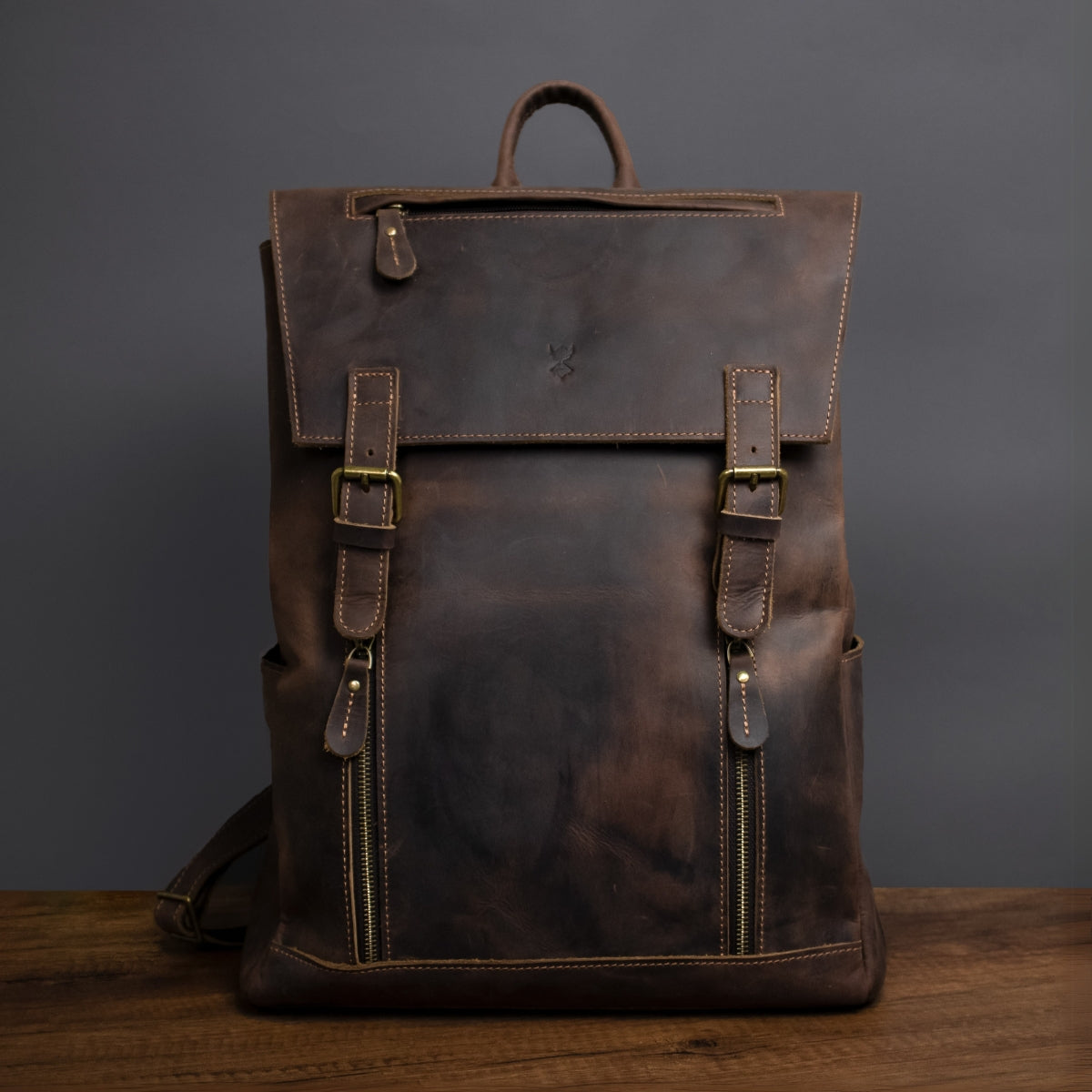 Dark Brown Full-Grain Leather Travel 15-inches Laptop Backpack for Men Manntara