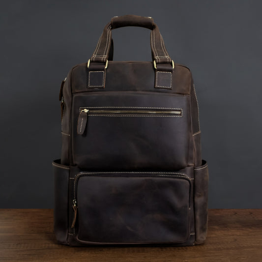 Dark Brown Full-Grain Leather Travel Retro Backpack for Men Manntara