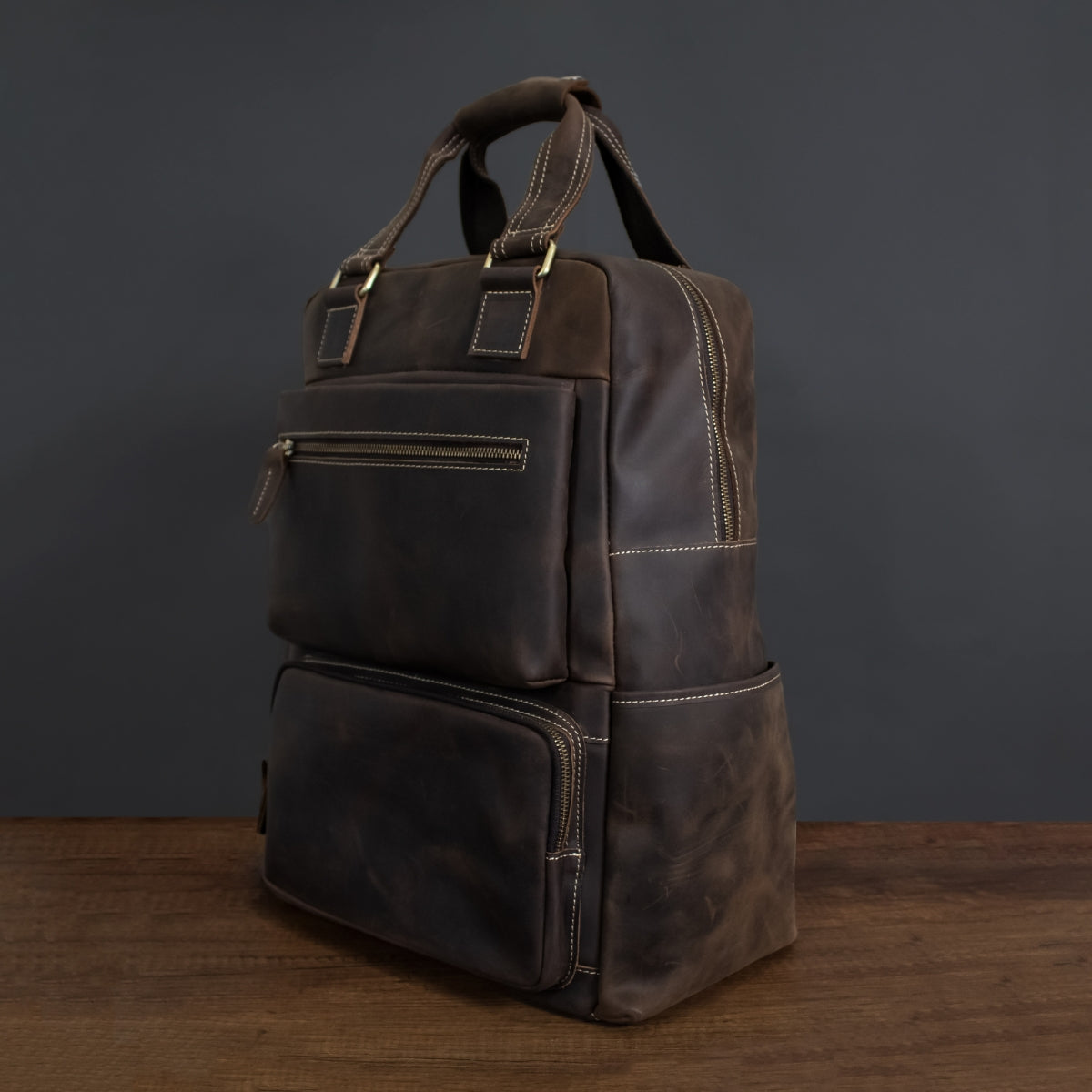 Dark Brown Full-Grain Leather Travel Retro Backpack for Men Manntara