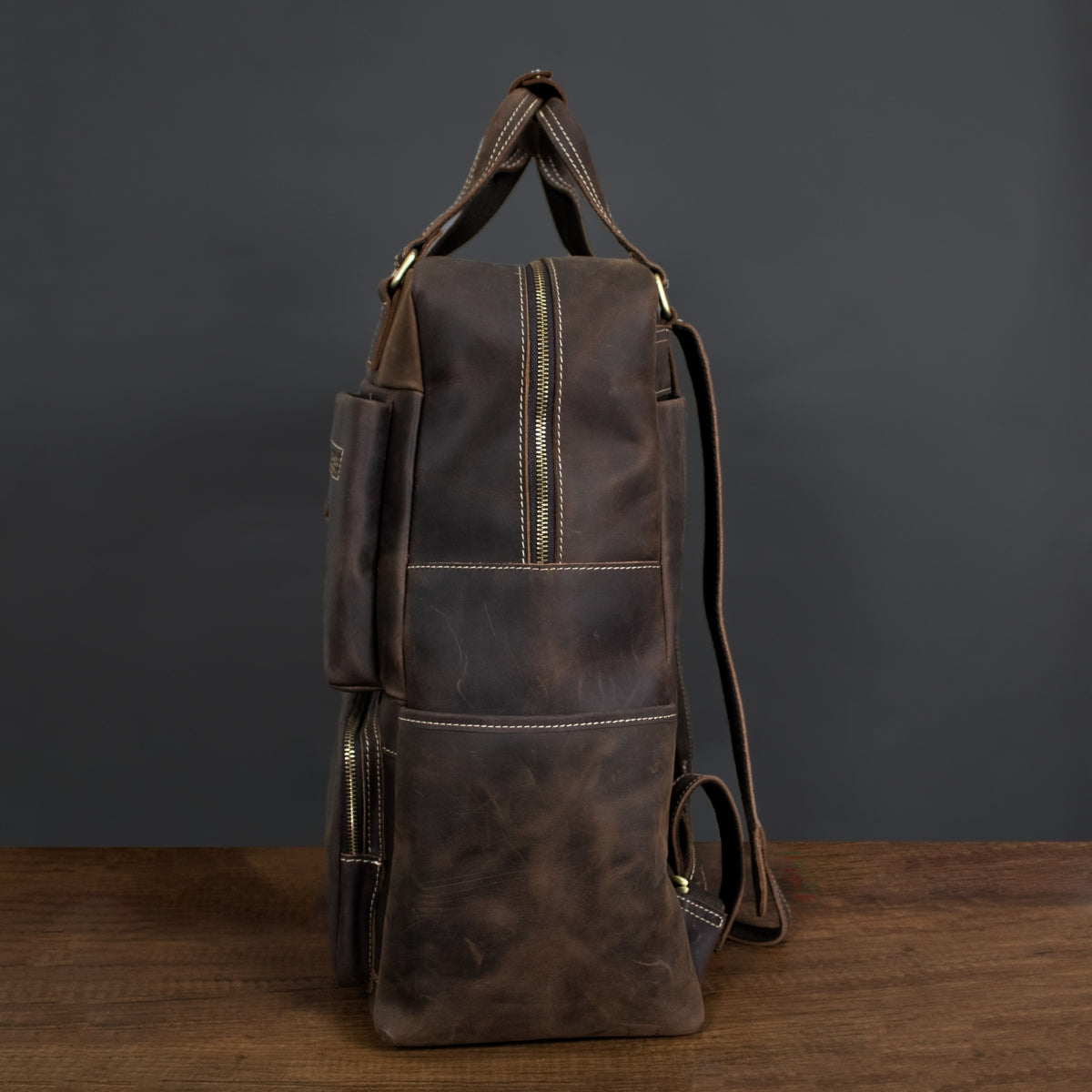 Dark Brown Full-Grain Leather Travel Retro Backpack for Men Manntara