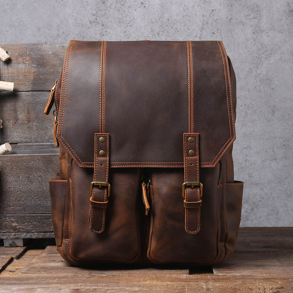 Full-Grain Leather Brown Casual Backpack for Men Manntara