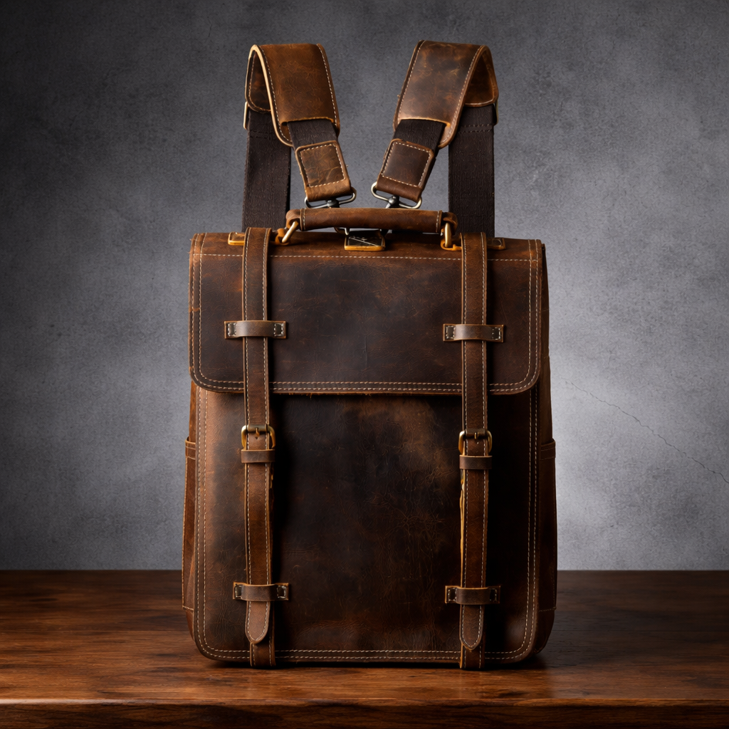 Full-Grain Leather Cowhide Brown Retro Backpack for Men Manntara
