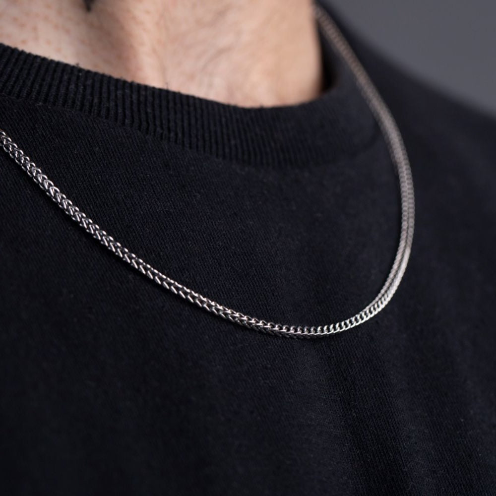 Close-up of Franco chain necklace worn around neck, showing link weave