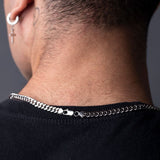 Back view of silver Cuban chain clasp on man's neck, earrings visible