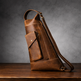 Men's Brown Full-Grain Leather Military Messenger Crossbody Bag Manntara