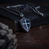 Men's Silver Stainless Steel Cross Shield Religious Necklace Manntara