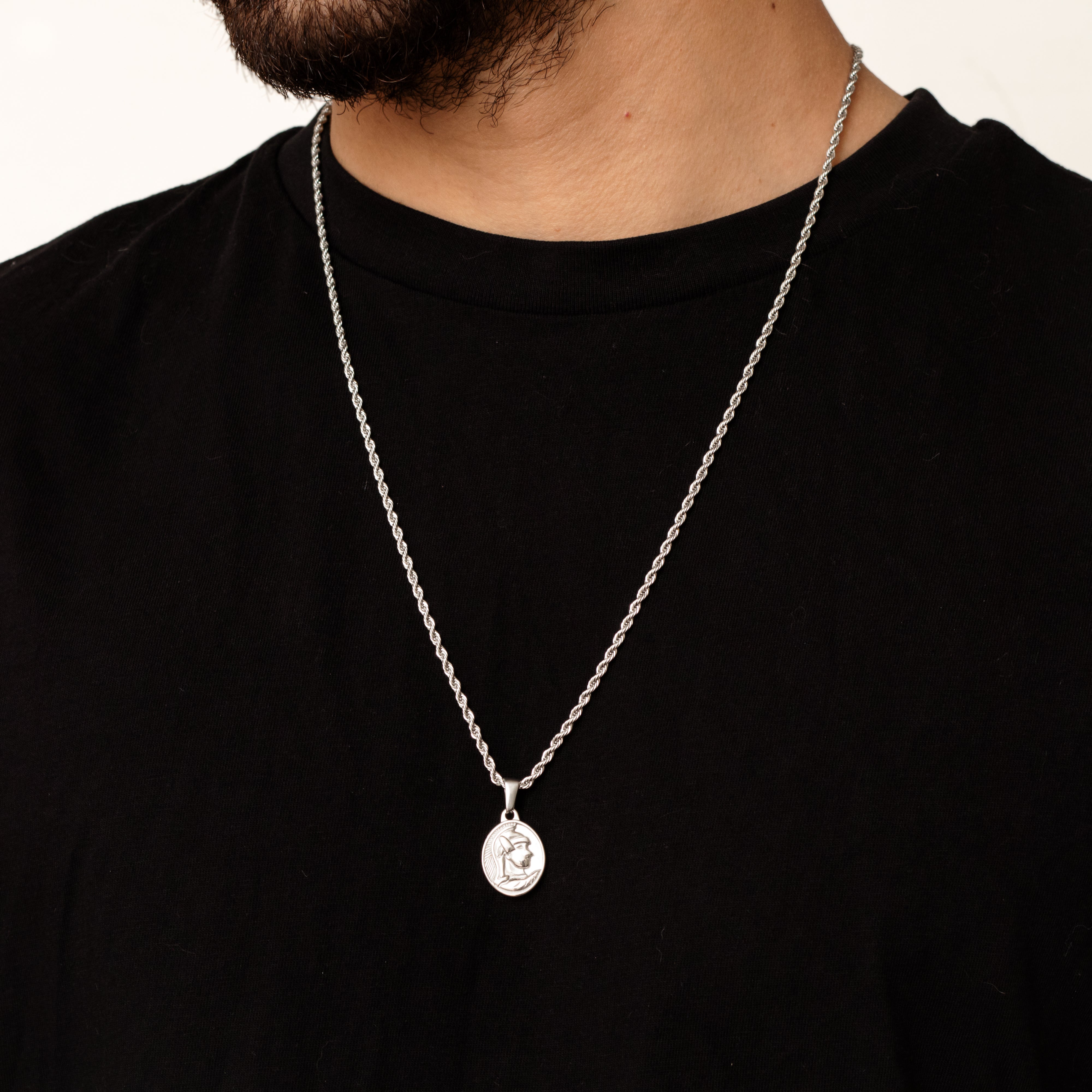 Men's Achilles Greek Hero Necklace on a black shirt