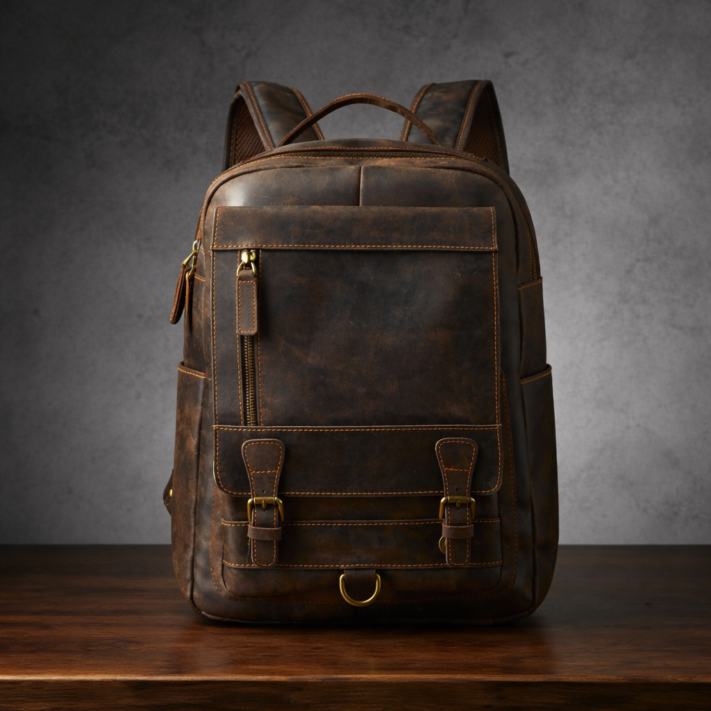 Men's Full-Grain Leather Professional Laptop Backpack for Business Manntara