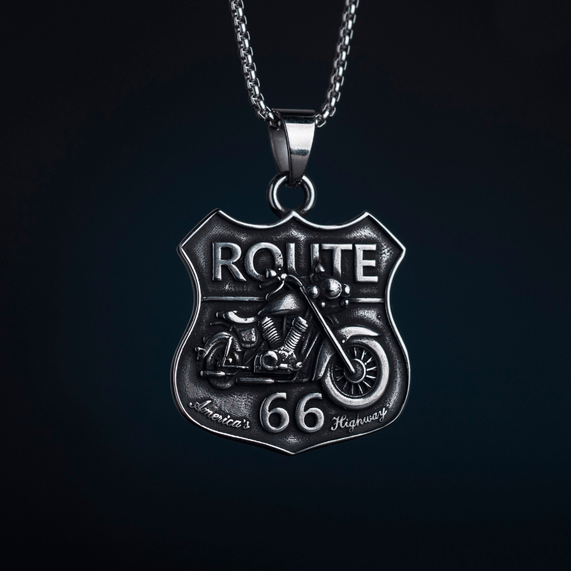 Men's Route 66 Biker Necklace of Silver Stainless Steel Manntara