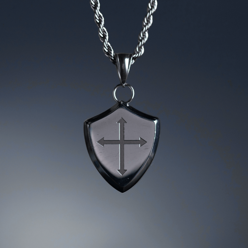 Men's Silver Stainless Steel Cross Shield Religious Necklace Manntara