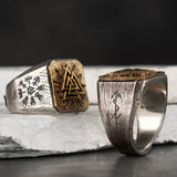 S925 Silver Ancient Knot Valknut Runes Golden-Silver Ring For Men Manntara
