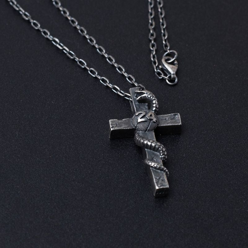 S925 Silver Black Gothic Cross with Snake Necklace For Men Manntara