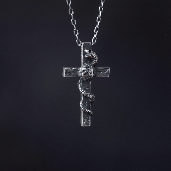 Men's Black Mamba Snake Cross Necklace - Number 24 Basketball