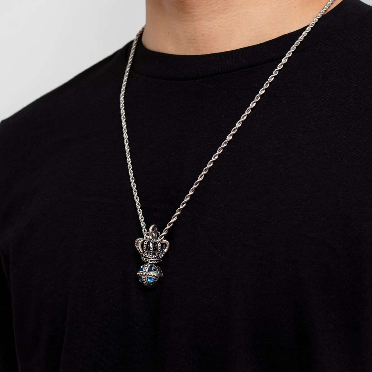 S925 Silver King Crown Casual Blue Stone Necklace for Men Manntara
