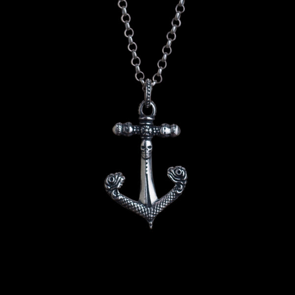 S925 Silver Skull Anchor Necklace for Men - Gothic Nautical