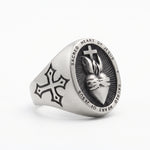 Catholic Sacred Heart men’s ring in brushed stainless steel, angled view of the heart design and cross on the band