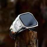 Silver Black Onyx Minimal Ring of Stainless Steel for Men Manntara