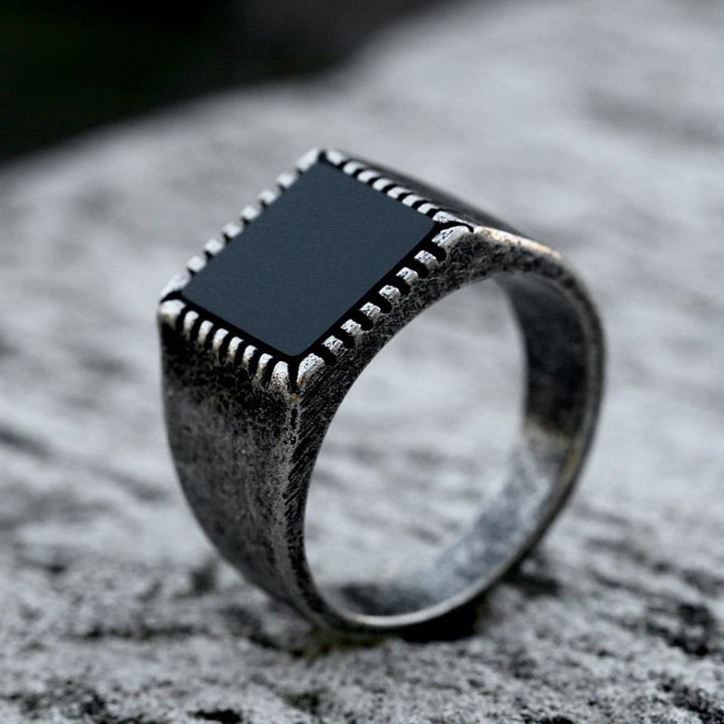 Silver Black Onyx Minimal Ring of Titanium Steel for Men Manntara