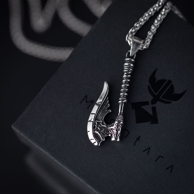 Silver Nordic Viking Rune Axe Necklace of Stainless Steel for Men Manntara