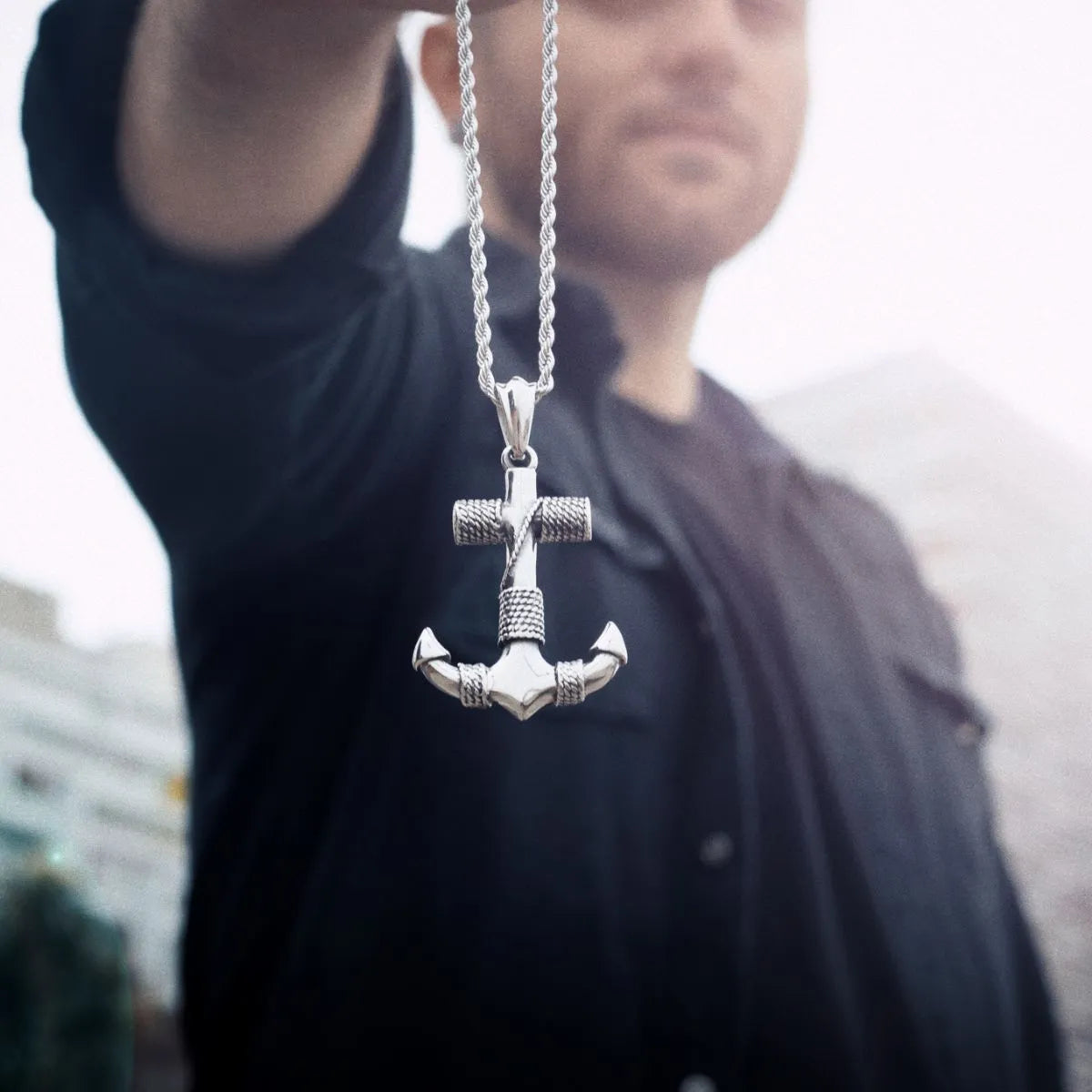 Silver Stainless Steel Anchor Sailor Necklace For Men Manntara