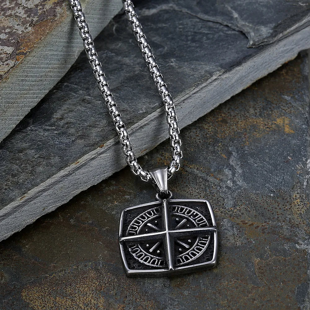 Silver Stainless Steel Titanium Compass Cross Necklace For Men Manntara