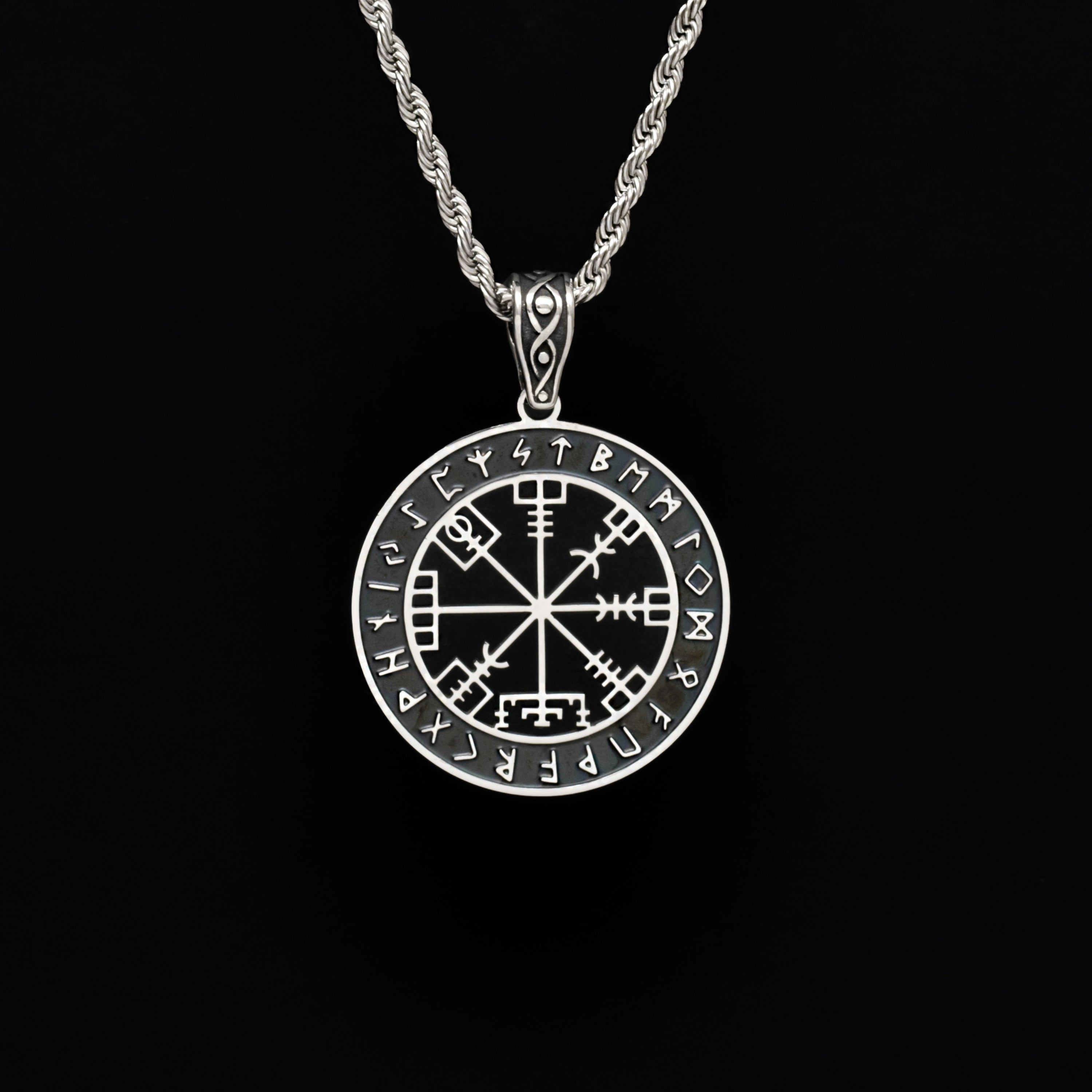 Silver Stainless Steel Vegvísir Viking Compass Men's Necklace Manntara