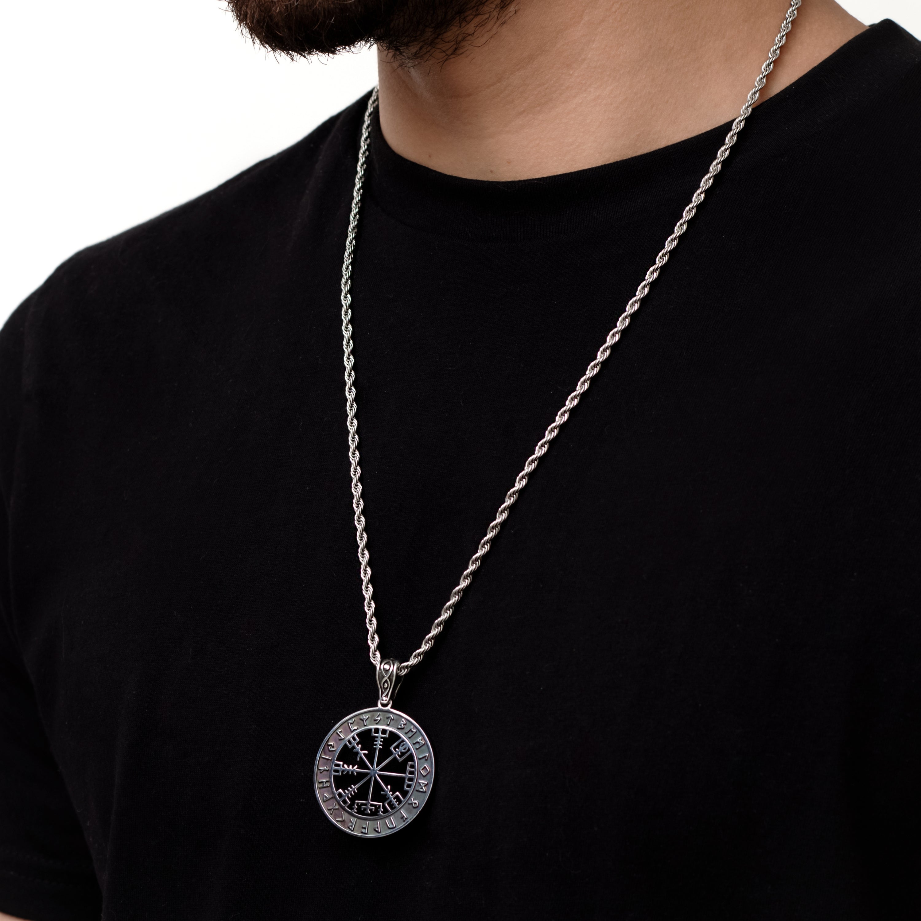 Silver Stainless Steel Vegvísir Viking Compass Men's Necklace Manntara
