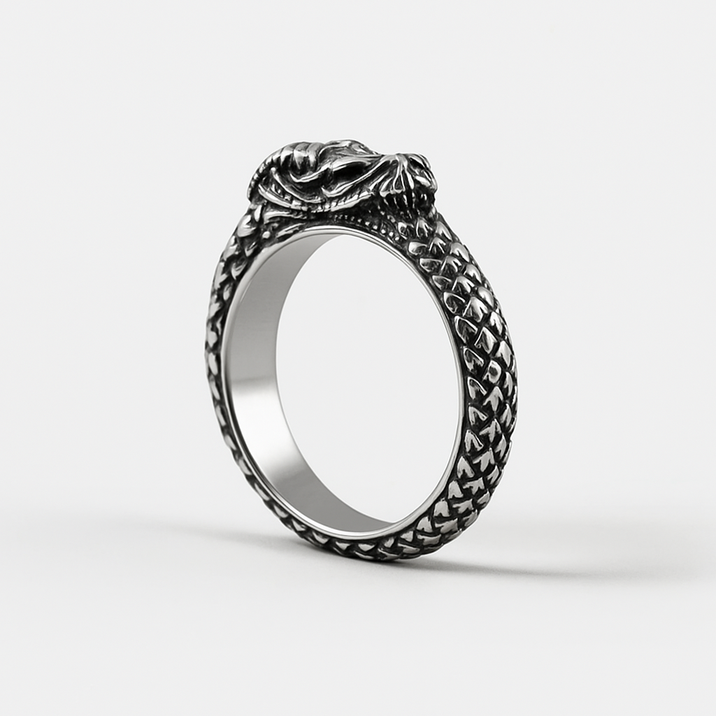 Silver Viking Dragon Head Men's Ring of Stainless Steel Manntara