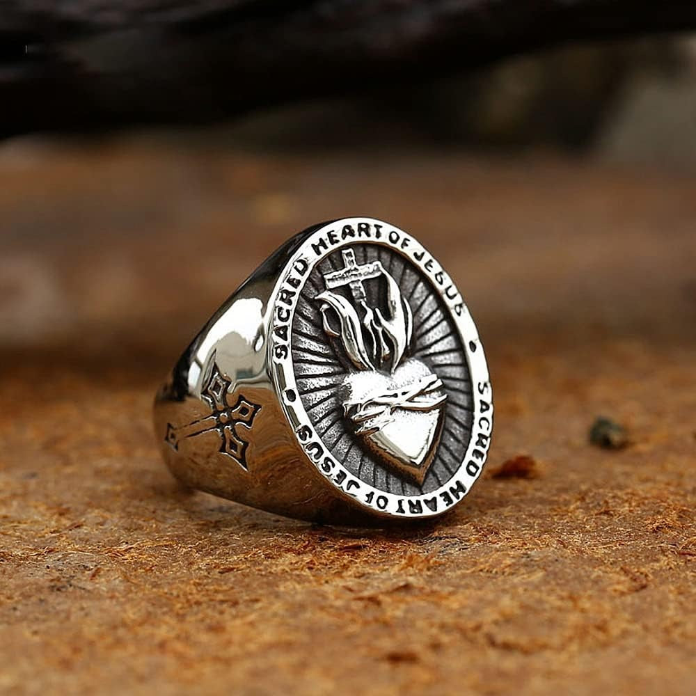 Silver Jesus Heart Catholic Ring of Stainless Steel for Men Manntara