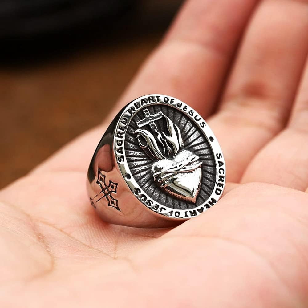 Silver Jesus Heart Catholic Ring of Stainless Steel for Men Manntara