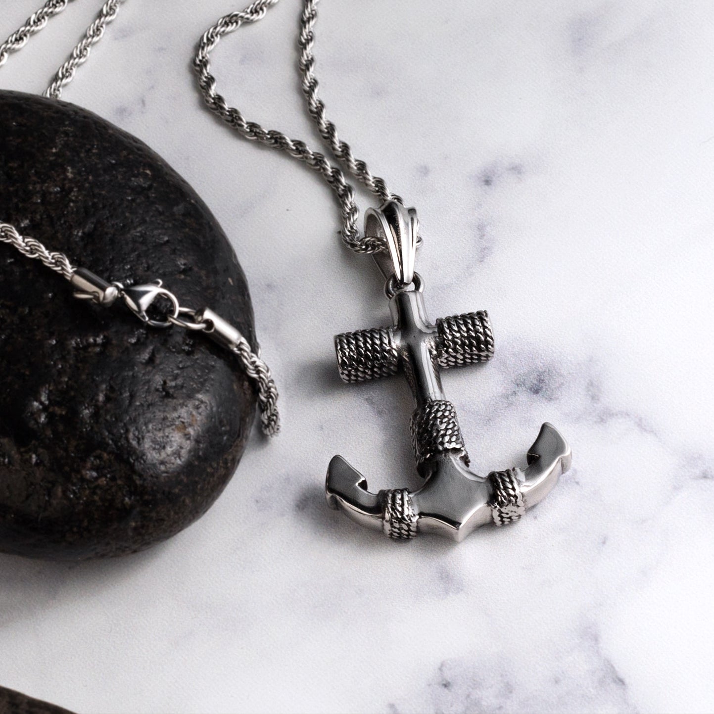 Silver Stainless Steel Anchor Sailor Necklace For Men Manntara