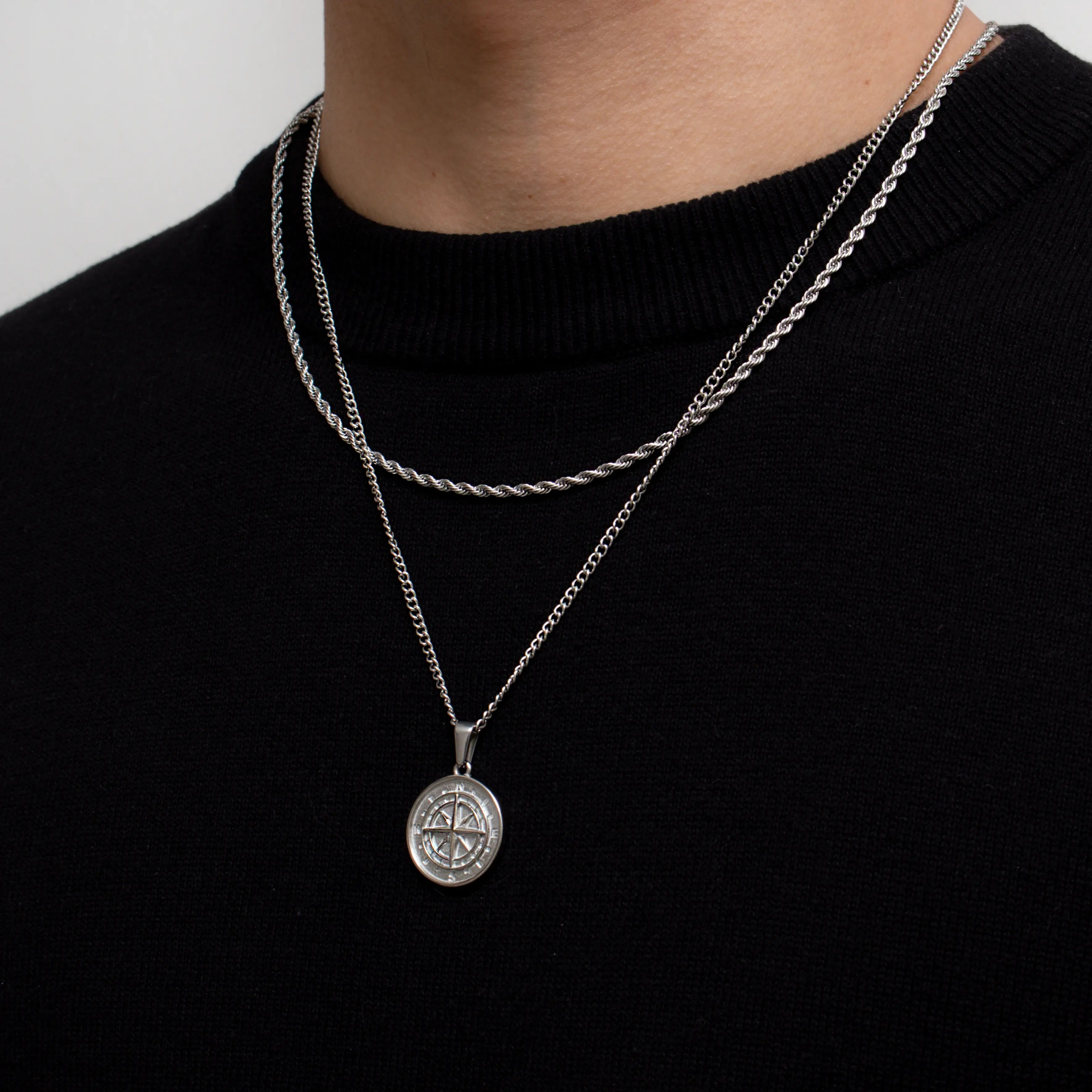 Silver Stainless Steel Compass Pendant with Chain for Men Manntara
