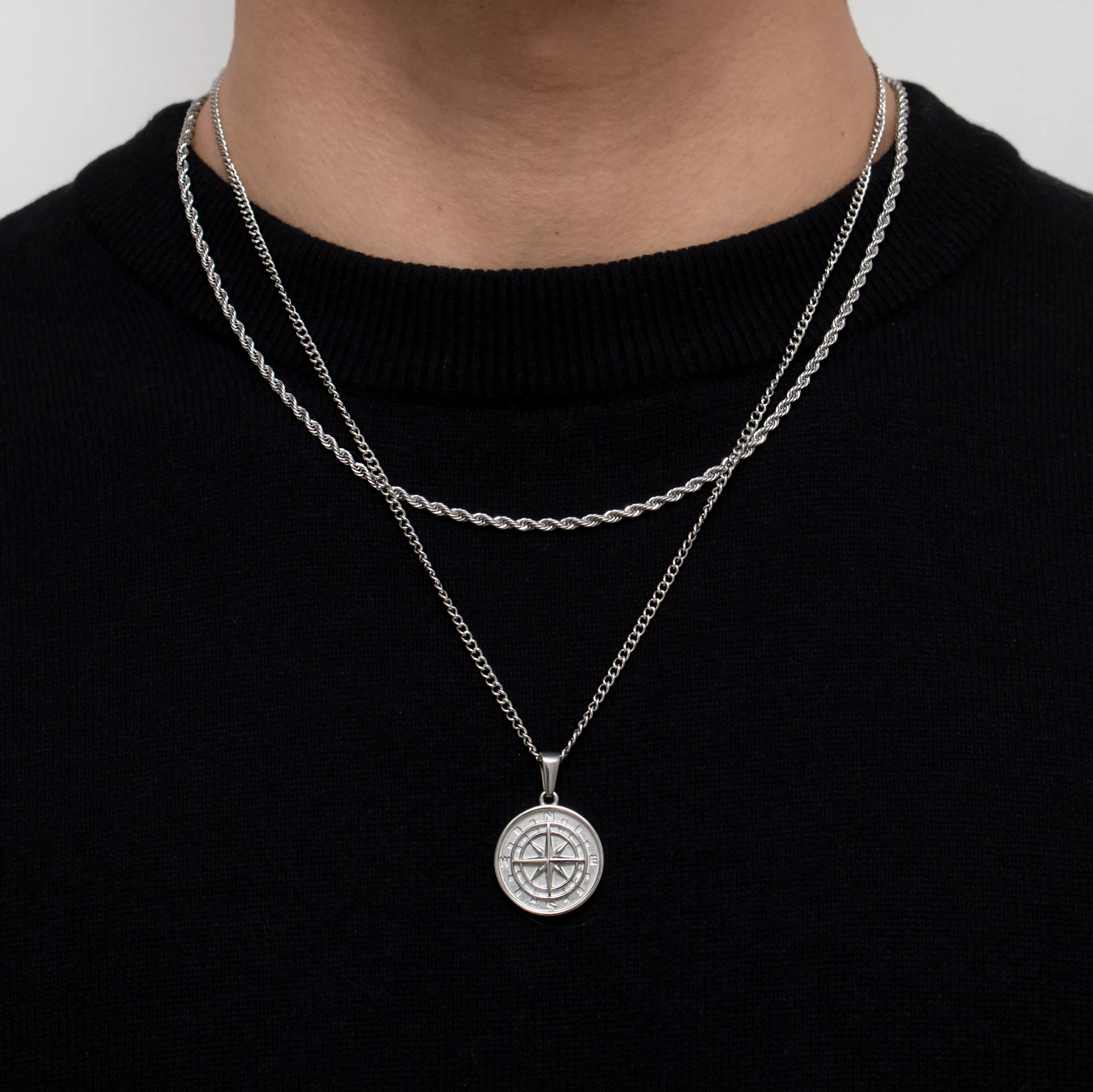 Silver Stainless Steel Compass Pendant with Chain for Men Manntara