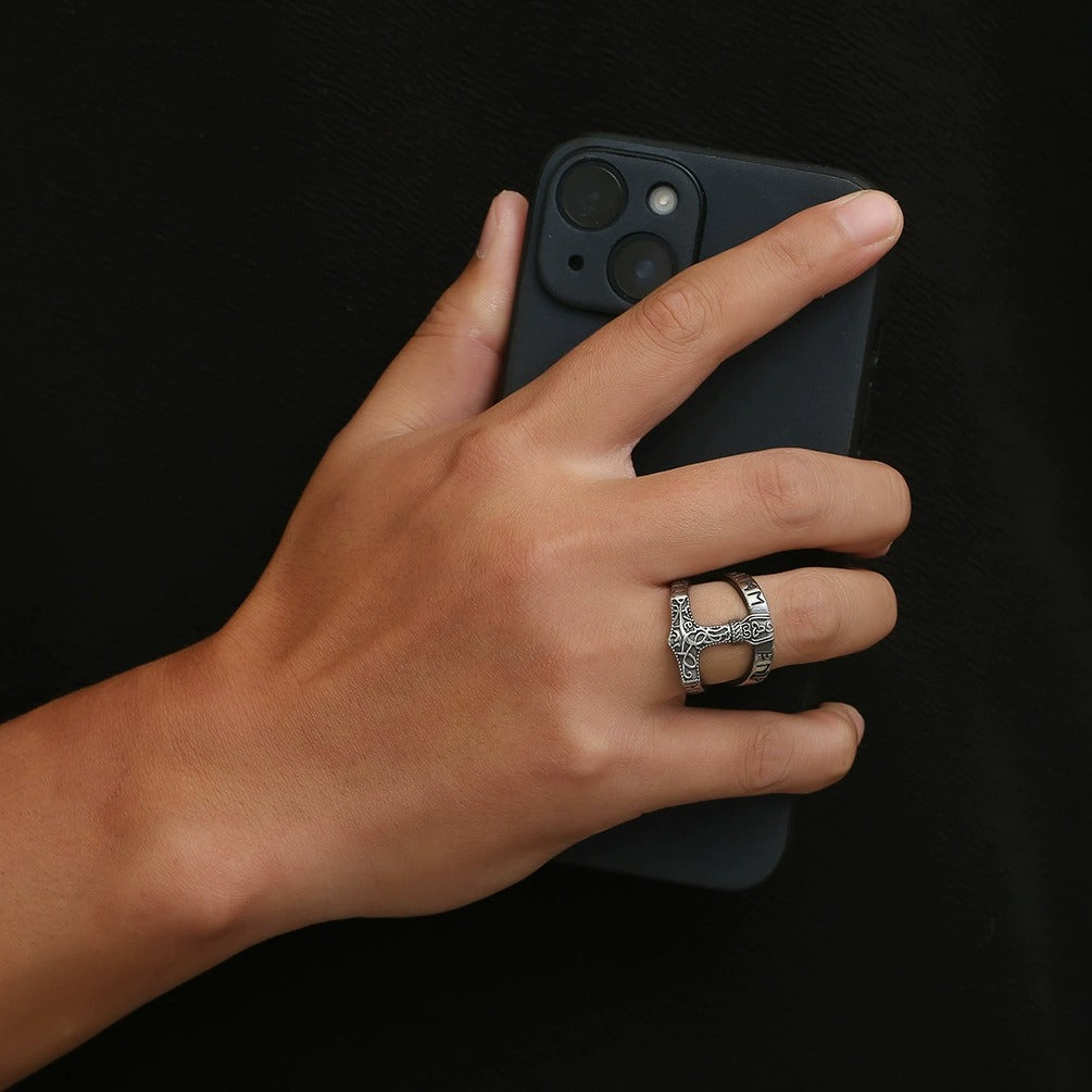 Silver Stainless Steel Thor's Hammer Fashion Ring For Men Manntara