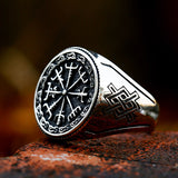 Silver Vegvísir Viking Compass Men's Ring of Stainless Steel Manntara