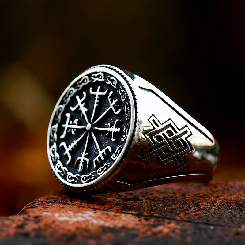 Silver Vegvísir Viking Compass Men's Ring of Stainless Steel Manntara