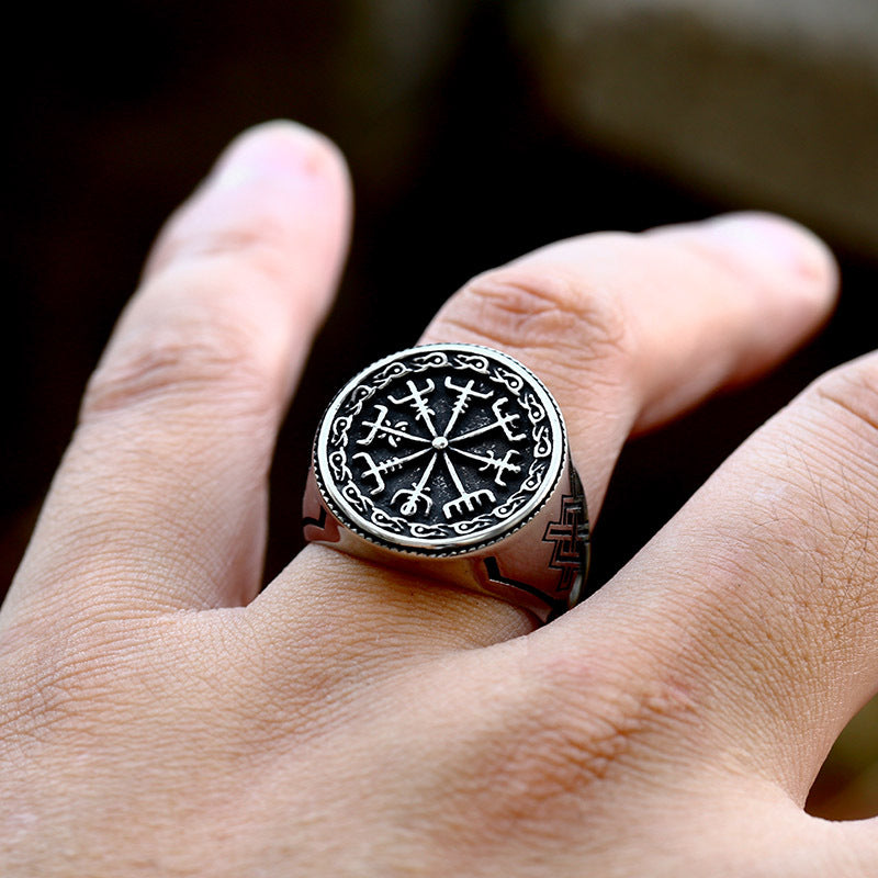 Silver Vegvísir Viking Compass Men's Ring of Stainless Steel Manntara