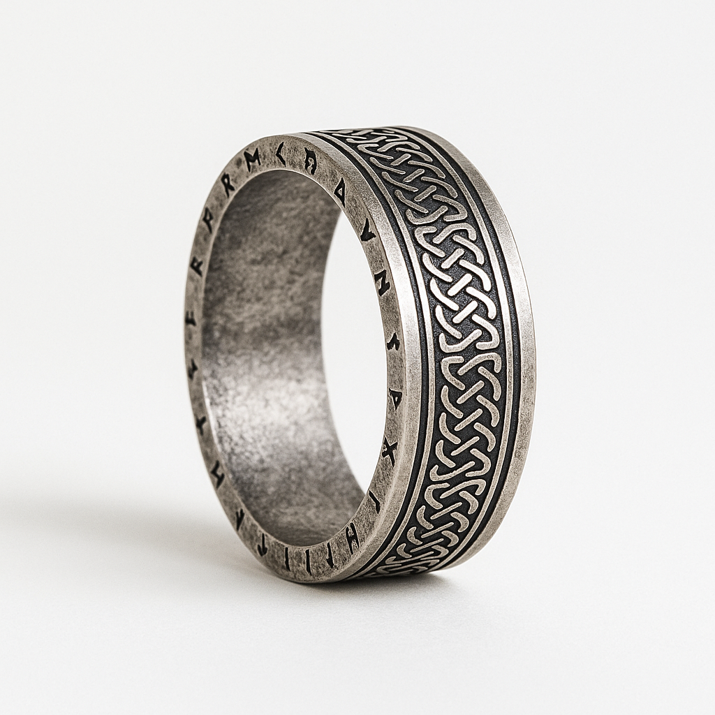 Men's Viking Rune Ring - Silver Stainless Steel Norse Knotwork