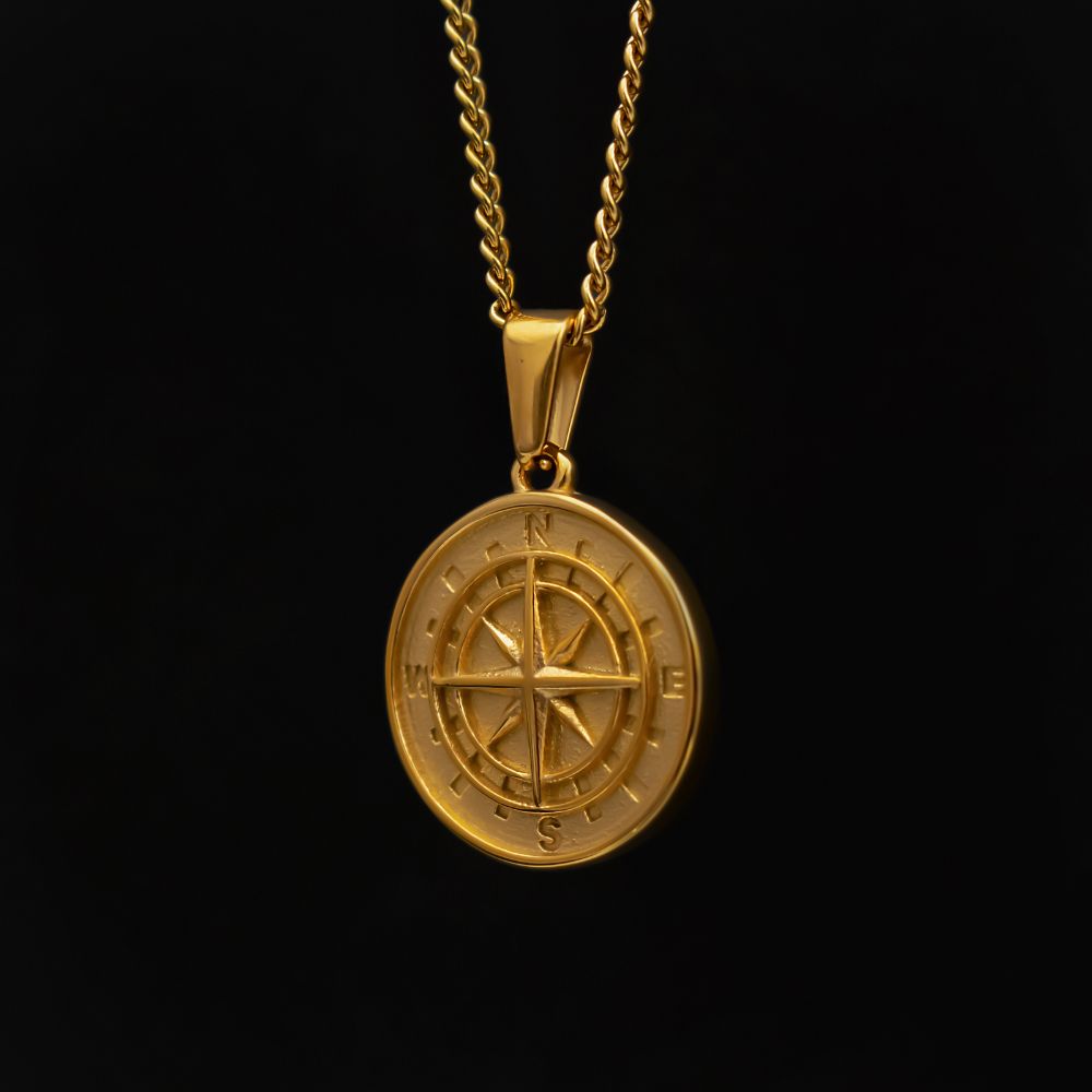 Golden Stainless Steel Compass Pendant with Chain for Men Manntara