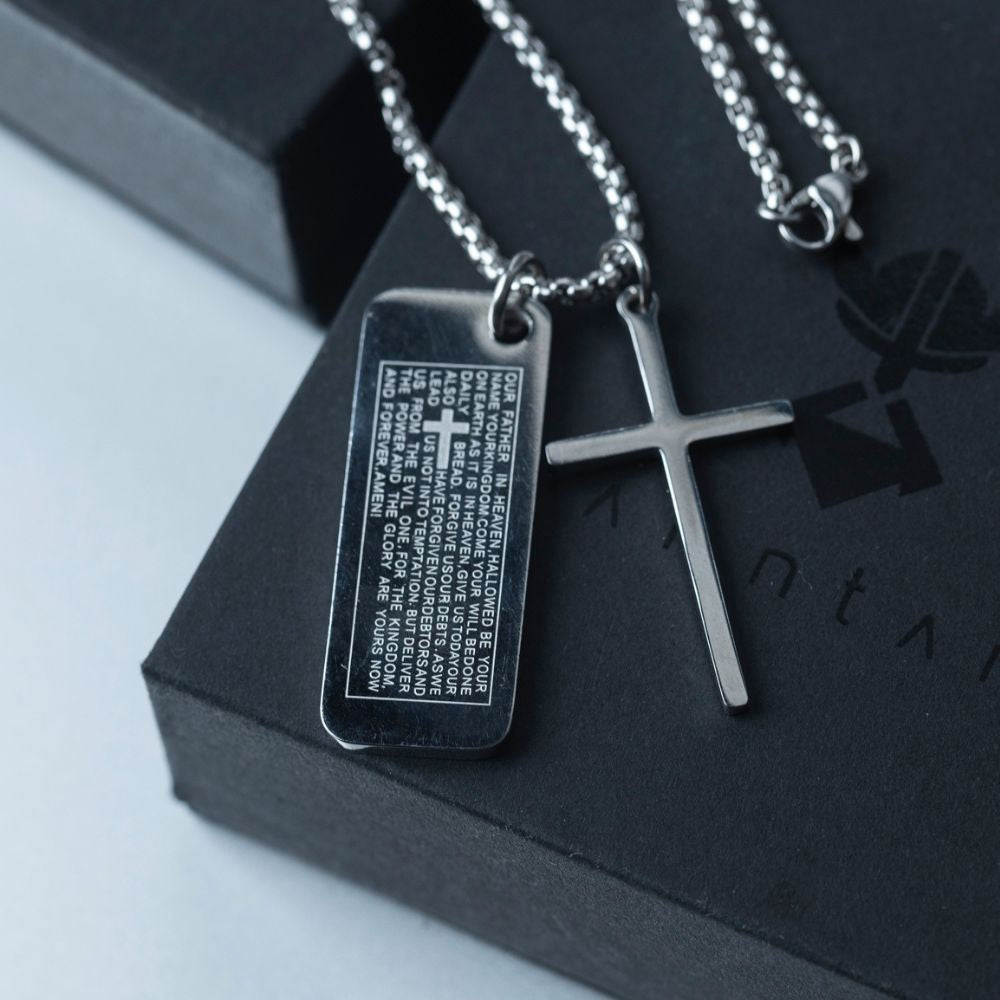 Stainless Steel Engraved Plate Cross Necklace with Our Father Prayer Manntara