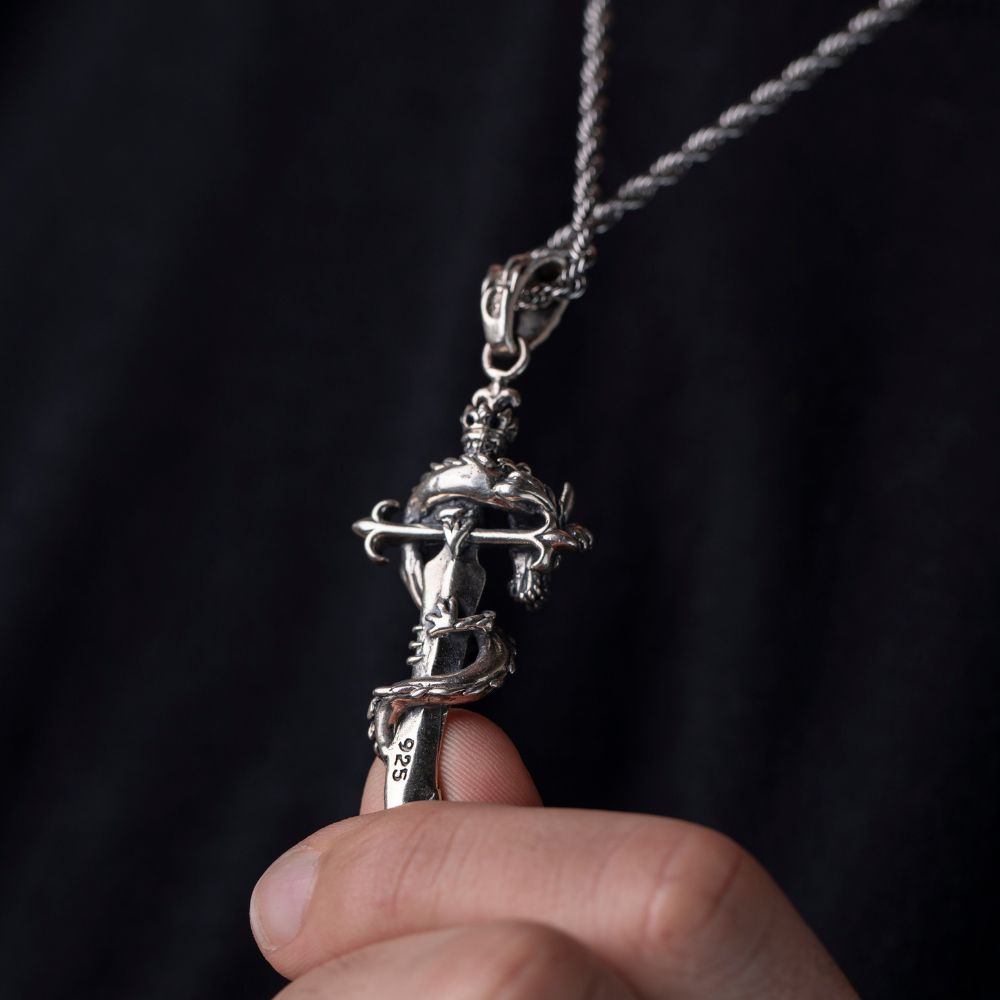 Sterling 925 Silver Dragon Sword Gothic Necklace For Men Manntara