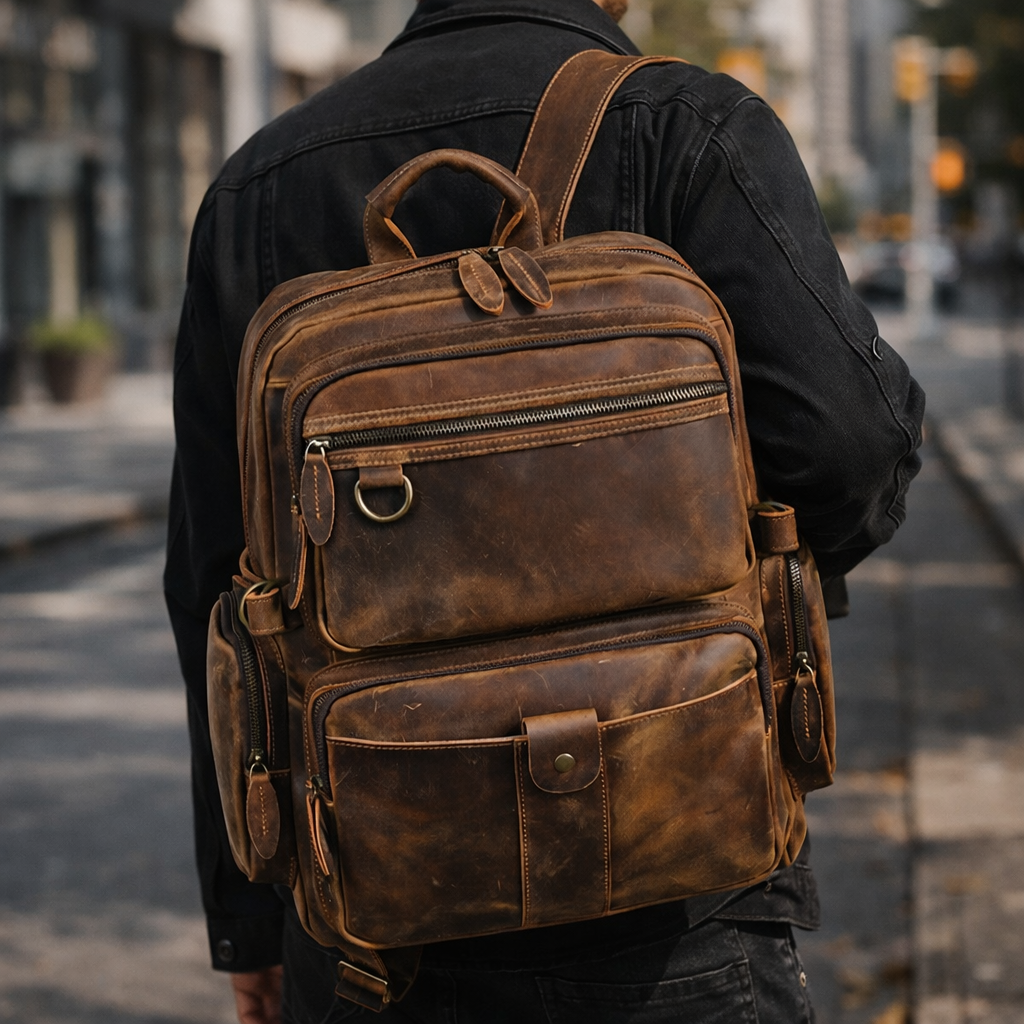 Man wearing full-grain leather travel backpack outdoors, back view with multiple pockets