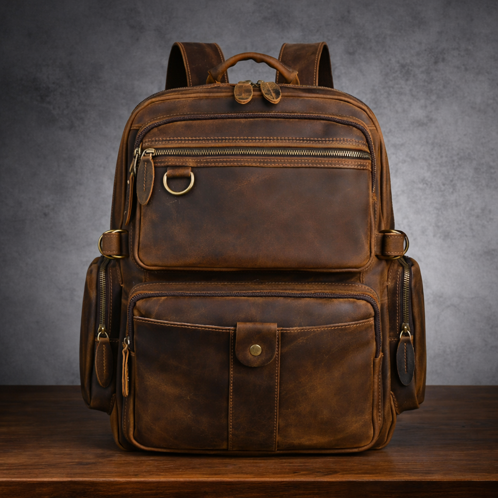 Full-grain leather backpack, front view with zip pockets and buckle straps