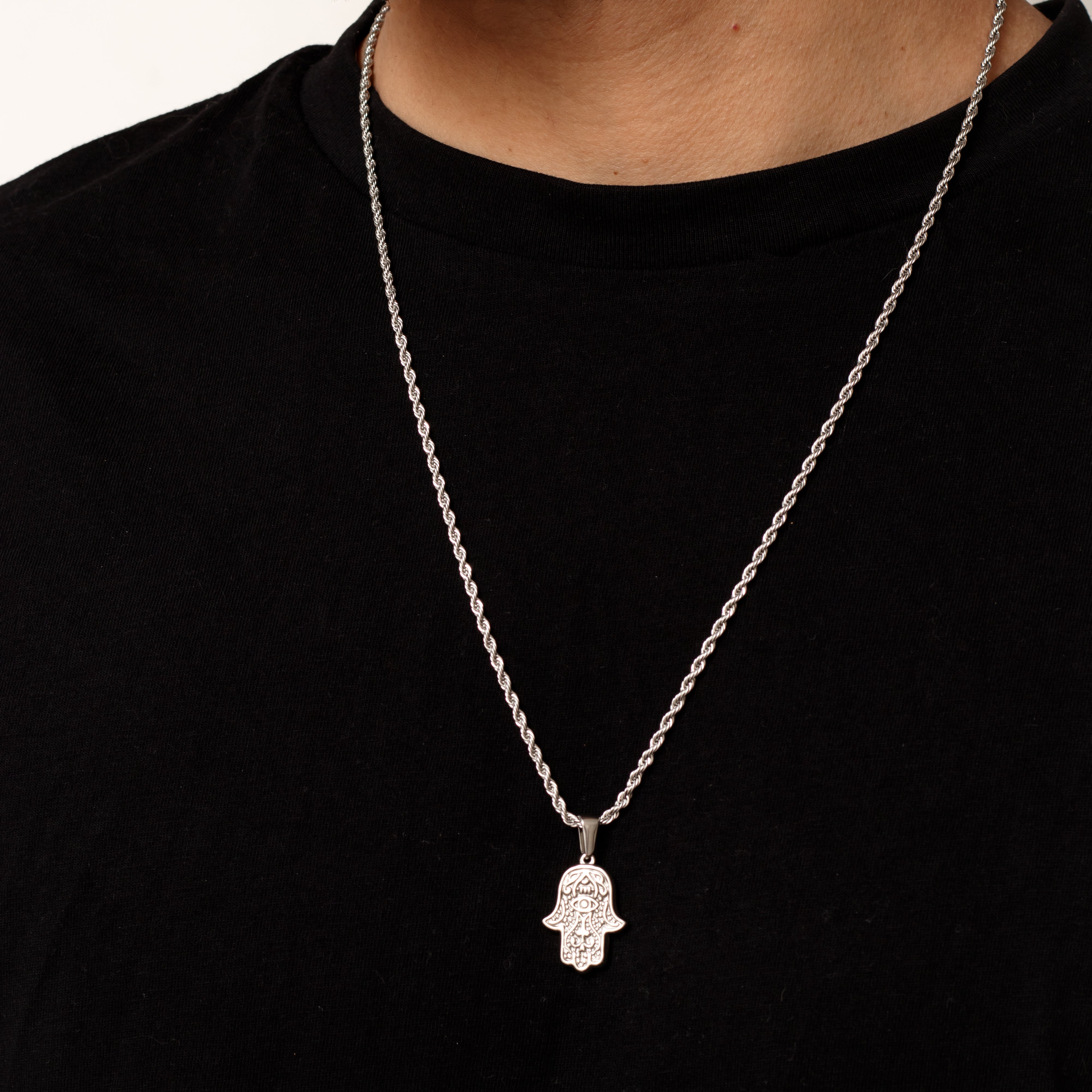 Unisex Silver Hamsa Necklace - Stainless Steel Hand of Fatima Pendant Manntara